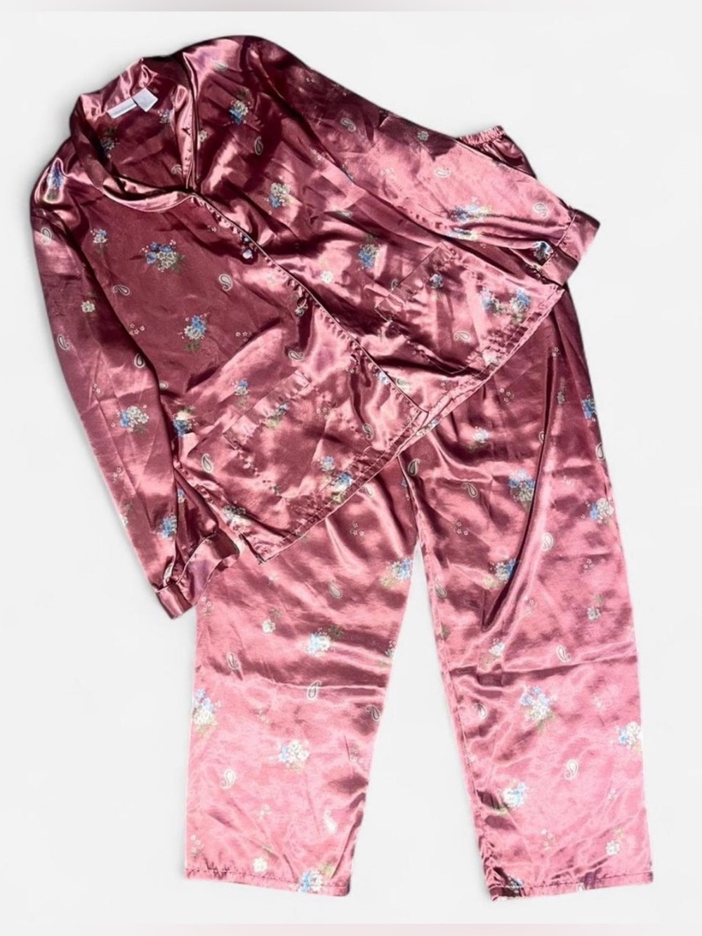 Satin Floral Paisley Pajama Set - Rose Pink
